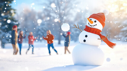 Fototapeta premium Playful Snowball Fight with Friends and Animated Snowman in Winter Park