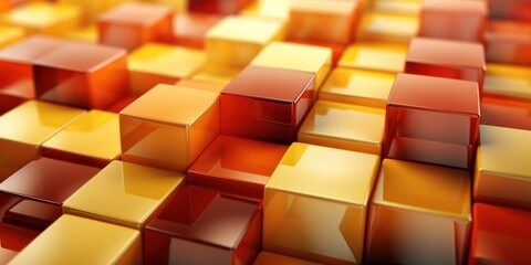 Fototapeta premium Abstract geometric pattern with red and yellow cubes, reflecting light in a dynamic and colorful composition
