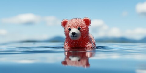 A pink plush bear floats calmly in a serene body of water, its reflection mirroring the tranquility of the scene.