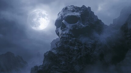 Rocky mountain in the shape of a human skull with full moon. Fantasy theme. Halloween poster.