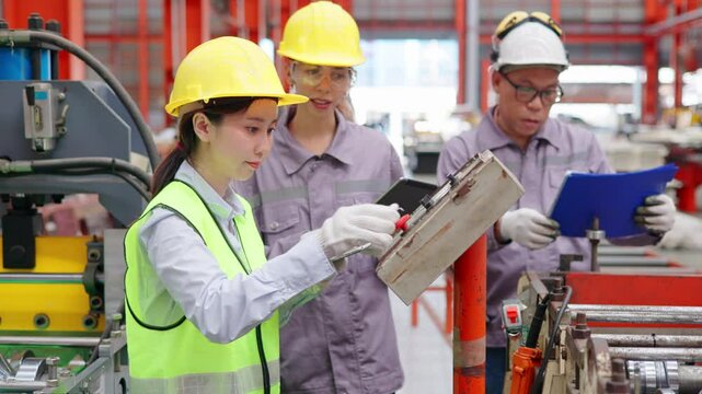 Group of engineers in safety gear reviewing machinery operations in a manufacturing facility, focused on production efficiency and teamwork.