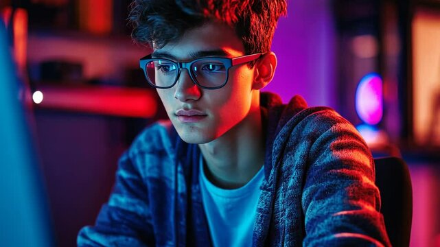 A young man wearing glasses looks intently at a computer screen in a dimly lit room