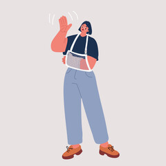 Vector illustration of a woman standing with her arm in a cast, symbolizing recovery and resilience