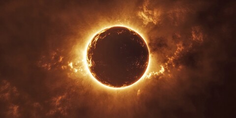Obraz premium A stunning solar eclipse captured in vivid detail. The dark moon obscures the sun, creating a halo of radiant corona. Perfect for educational and artistic purposes. AI.