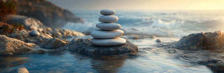 Balanced Stones: A Tranquil Arrangement by the Shore