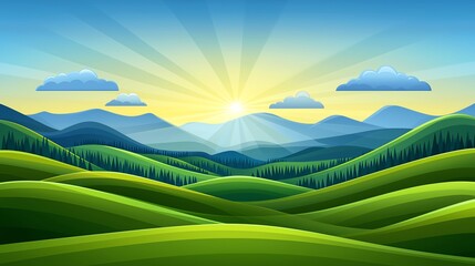 Obraz premium A vibrant landscape depicting rolling green hills, mountains, and a bright sunrise with rays shining through fluffy clouds.