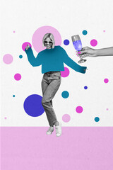 Vertical photo collage of happy blonde girl dance weekend occasion hand offer champagne glass beverage vibe isolated on painted background