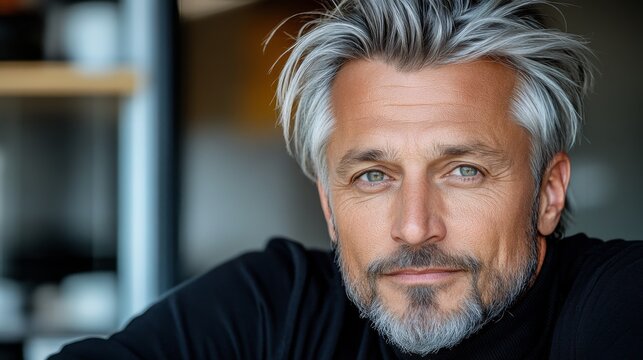 distinguished elderly man with silver hair and beard, intense eyes, wearing black turtleneck, with soft light emphasizing wrinkles and deep shadows for cinematic mood