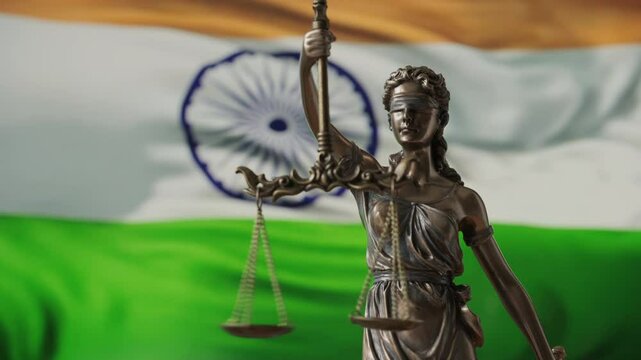 Lady Justice statue with Indian flag as background. India Law and justice concept. Legal system.