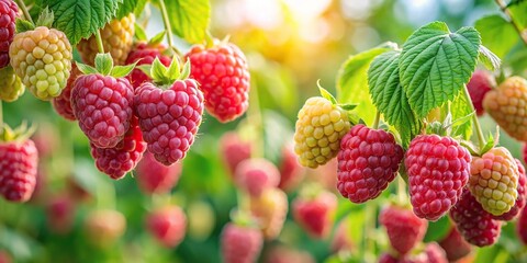 Ripe raspberries on vine