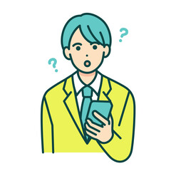 疑問を持つ男の子。携帯を手にする制服姿の中学生。ベクターイラスト素材。