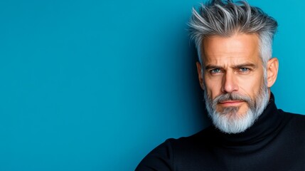 Fototapeta premium distinguished elderly man with silver hair and beard, intense eyes, wearing black turtleneck, with soft light emphasizing wrinkles and deep shadows for cinematic mood