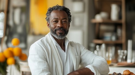 Obraz premium Middle-aged Black man relaxed at home enjoying a peaceful moment with fresh flowers