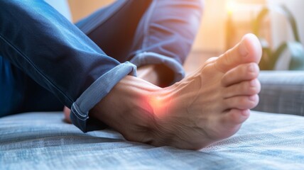 Obraz premium Close-up of foot with ankle pain highlighted in red on sofa.