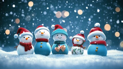 Joyful snowmen in blue and red with heart ornaments.