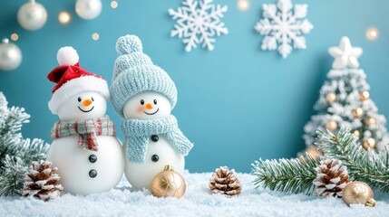 Two snowmen wearing knitted hats with pine cones