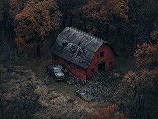 Aerial view of countryside barn with faded red exterior