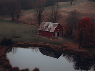 Aerial view of countryside barn with faded red exterior