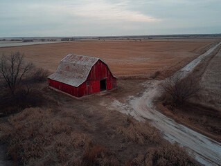 Aerial view of countryside barn with faded red exterior