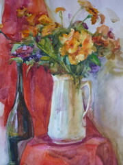 still life vase with flowers watercolor painting in muted tones painting on wet bouquet of flowers in a jug with an ornament unusual wild flowers brown green yellow colors pear and drapery