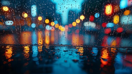 Naklejka premium A rainy cityscape with colorful lights reflecting on wet surfaces.