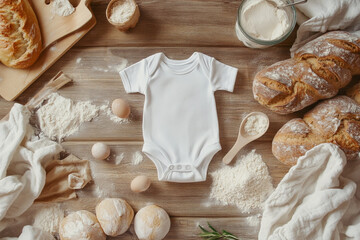Flat lay of white baby onesie on wooden surface with baking ingredients and fresh baked bread loaves, baking pregnancy announcement concept