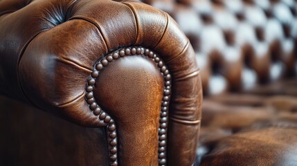 Close-up of a Brown Leather Armchair with Button Tufting
