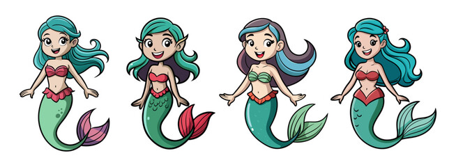 Obraz premium A set of vector illustrations featuring adorable cartoon mermaids.