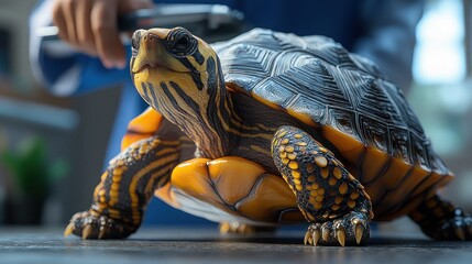 Obraz premium A turtle on a table with a person holding a tool above it.