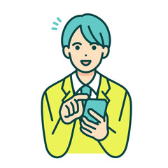 笑顔の男の子。ブレザー姿の男子高生がスマートフォンを手にしているイラスト。