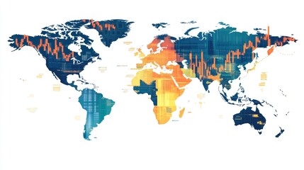 Obraz premium Concept image of a world map with highlighted cities and stock exchange symbols to represent global influence of major stock markets. Clean white background.