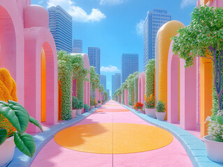  a vibrant and colorful cityscape, featuring a curved walkway with a lagoon-like pool at its center, surrounded by tall buildings and a clear blue sky.