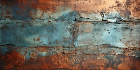 Abstract Textured Background with Layers of Cracked and Worn Paint in Blue, Brown, and Green Hues