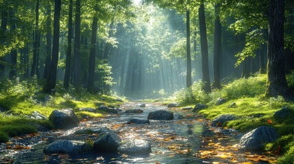 Fototapeta premium Serene forest scene with a flowing stream and dappled sunlight.