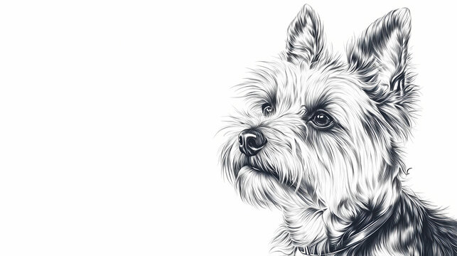 Dog portrait hand drawn sketch engraving style. fluffy yorkshire terrier head sitting and looking. white background. Pen and Ink Illustration. Illustration