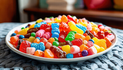 Colorful Halloween candy in a bowl.