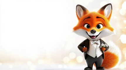 Obraz premium A cartoon fox is wearing a tuxedo and holding a bouquet of flowers