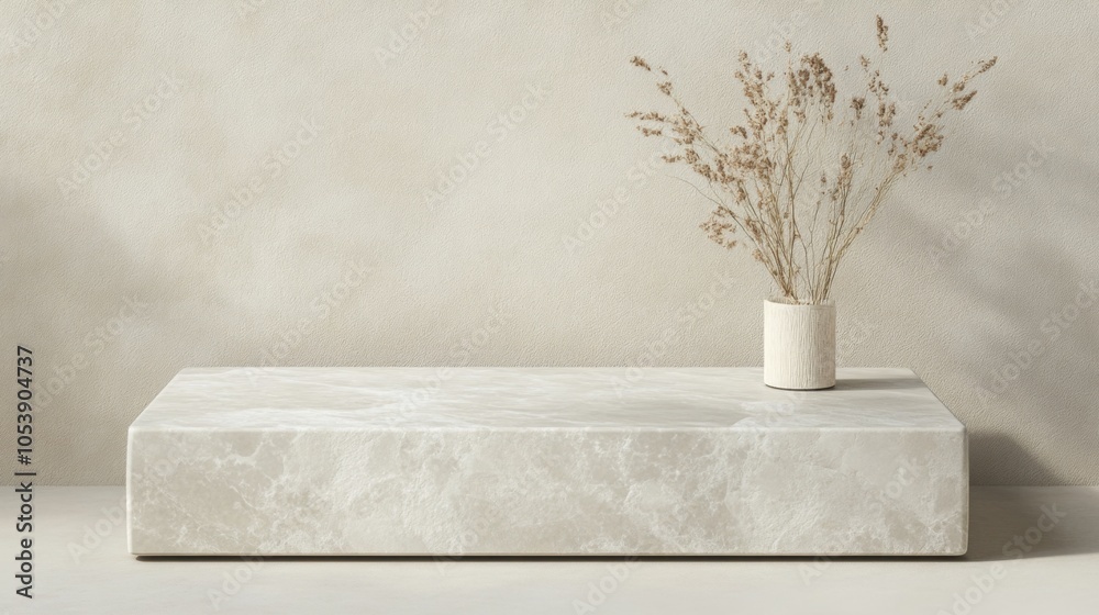 Poster a minimalist display featuring a textured surface with a simple vase holding dried flowers, set agai