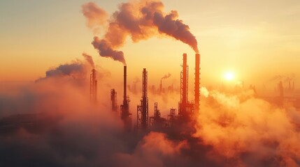 Aerial view of a sprawling industrial fuel processing complex at dawn, miles of pipes, smokestacks, and futuristic architecture fuel processing complex, industrial landscape