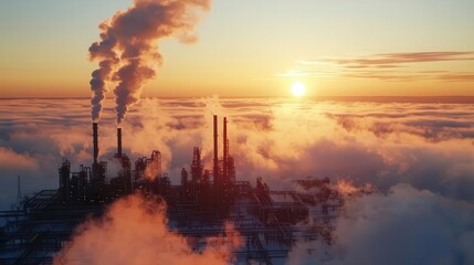 Obraz premium Aerial view of a sprawling industrial fuel processing complex at dawn, miles of pipes, smokestacks, and futuristic architecture fuel processing complex, industrial landscape