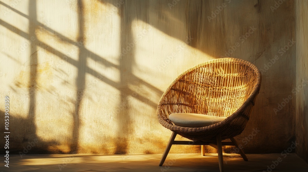 Poster A cozy wicker chair is illuminated by soft sunlight, casting gentle shadows on a textured wall, creating a warm and inviting atmosphere.