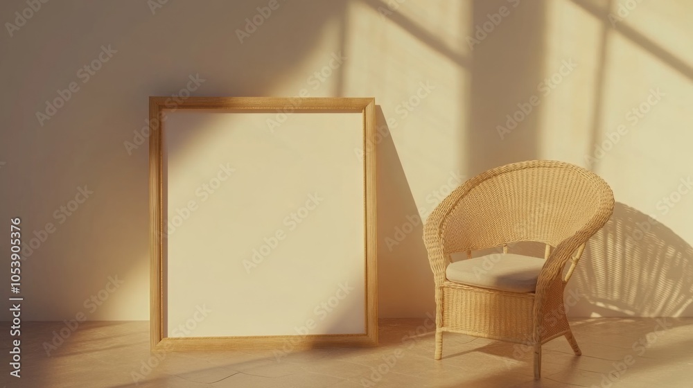 Poster a warm, minimalist space featuring a blank frame and a woven chair bathed in sunlight, creating a se