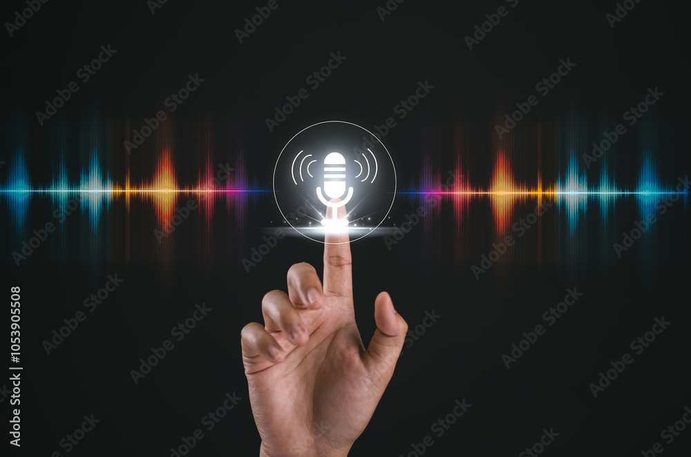 Poster voice recording. man touching microphone icon on smart phone. mobile application record sound, audio