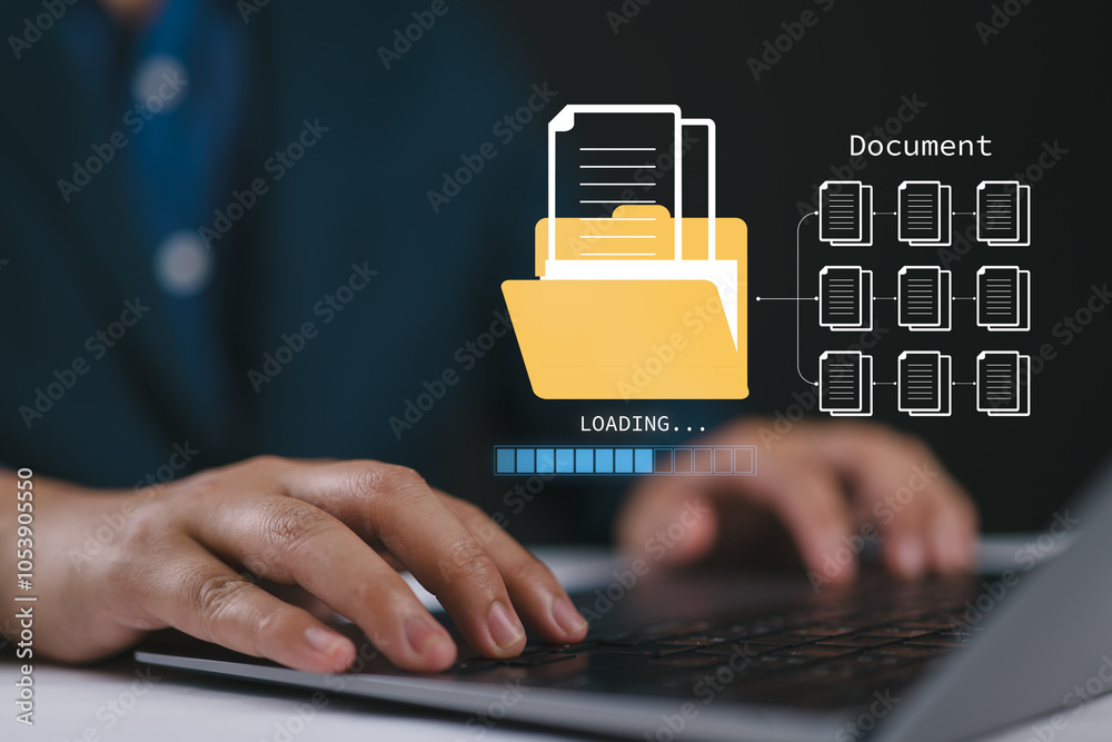 Aufkleber Document management system concept. Businessman manage digital business data, file storage, database document and file collection. Technology software computer manage file document business company.