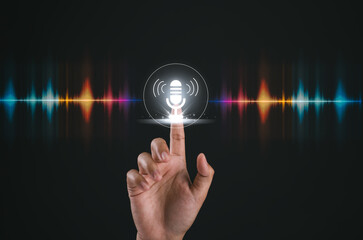 Voice recording. Man touching microphone icon on smart phone. Mobile application Record sound,...