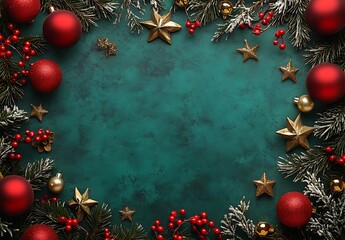 Christmas background with a green color, red and gold decorations