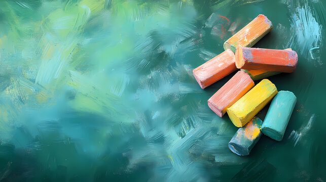 Colorful chalk pieces arranged on a textured green background, ideal for school or art related themes, background with copy space. Chalk Pastel Drawing. Illustration