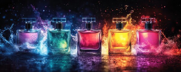 Colorful, artistic perfume packaging with splashes of neon and graffitilike typography, set against a black background with glowing highlights