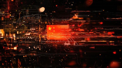 Overlay of Chinese flag with stock trend lines and UK market stats, capturing global economic influences.