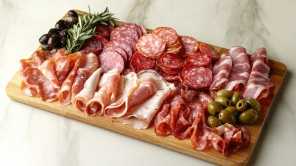 Obraz premium Assorted Meats and Olives on Wooden Platter